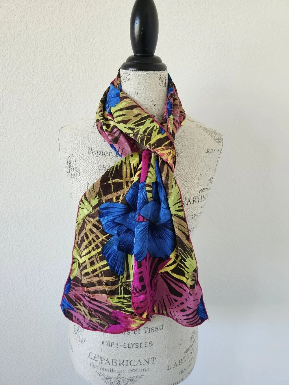 Vintage Tropical Floral Oblong Scarf Bright Blue Hibiscus Palm Leaves Pink